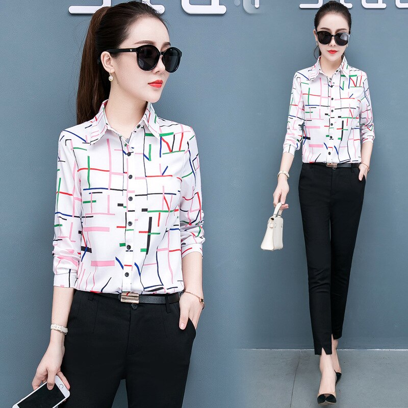 White geometric chiffon shirt top with button placket, turn-up collar, long sleeves