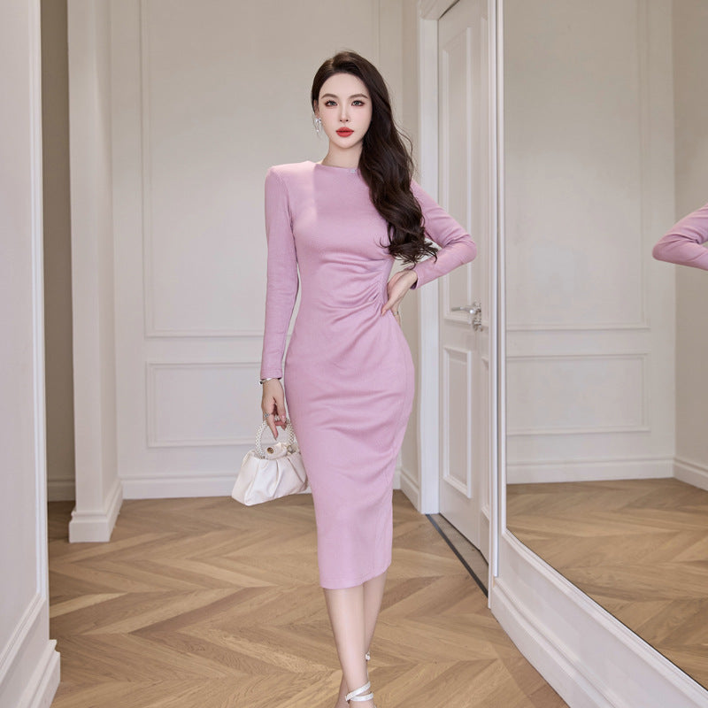 Pink cashmere knitted dress, long sleeves fitted midi with gathered waist