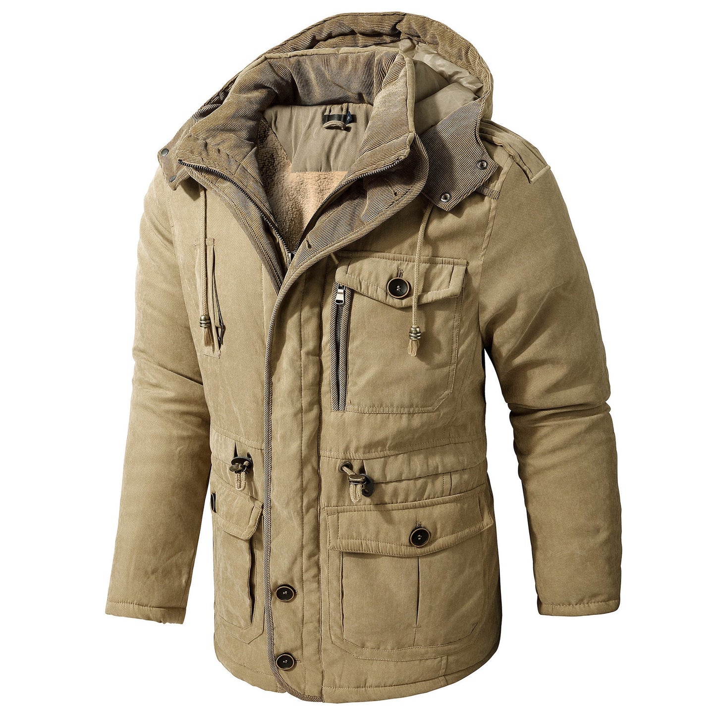 Beige hooded winter coat with fleece lining, mid-length parka, snap flap pockets.