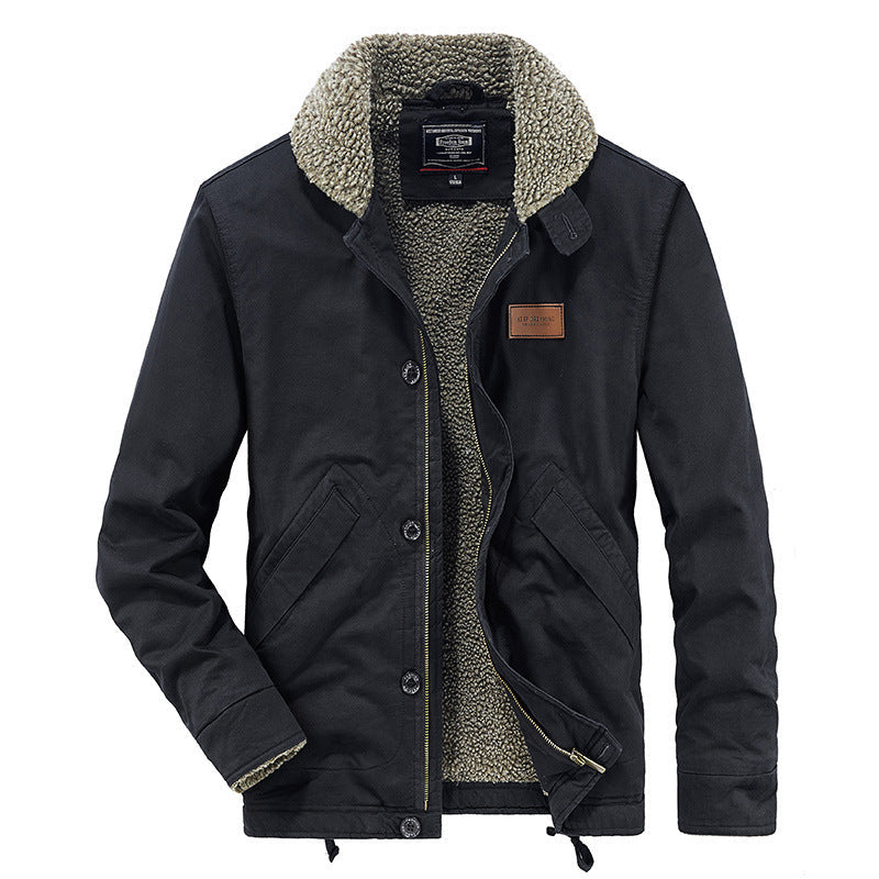 Men’s dark navy/black cotton jacket with lamb wool fleece lining and sherpa collar