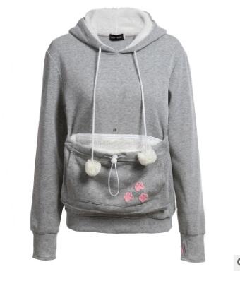 Women’s gray cat hoodie with hood, front pocket, drawstrings and pom-pom trim
