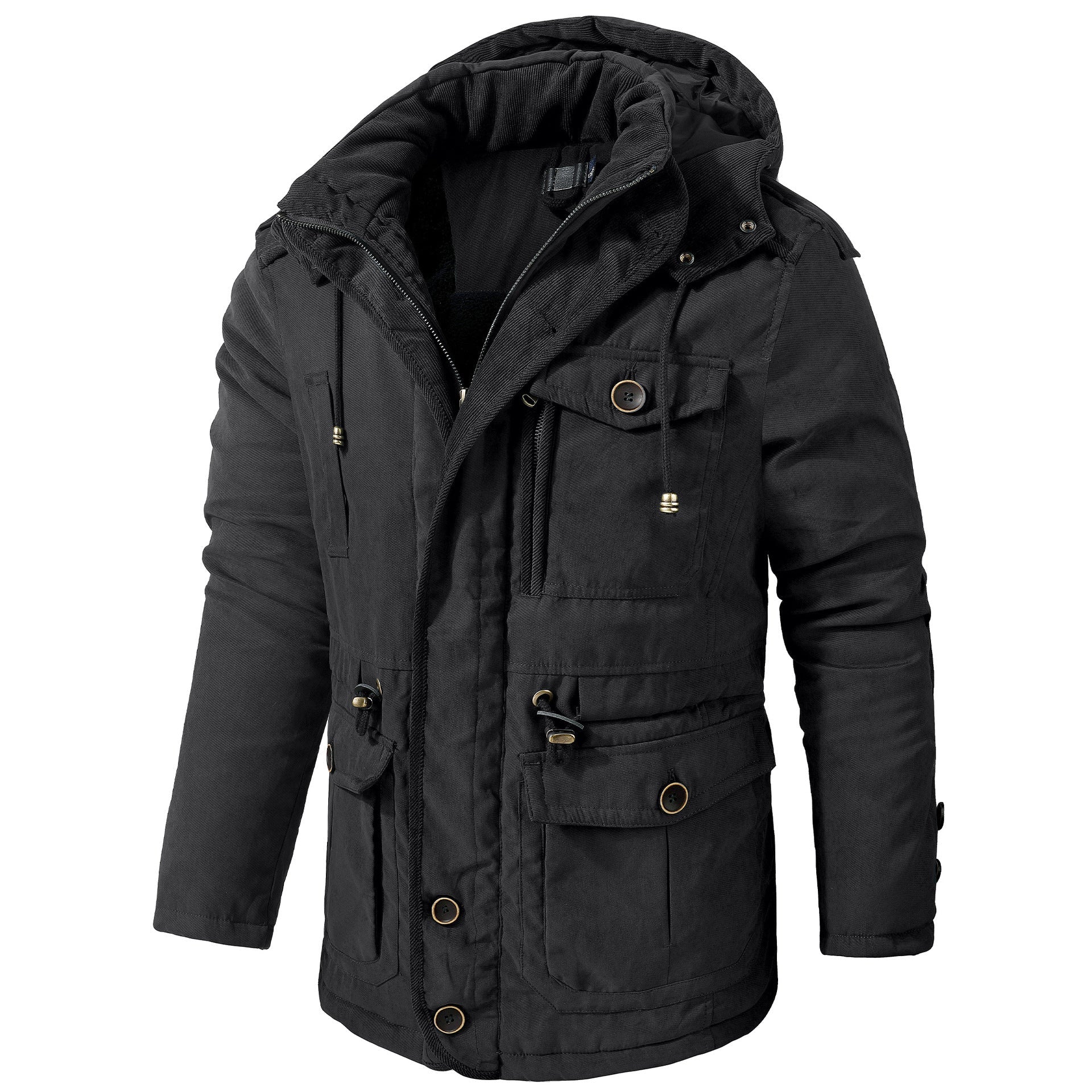 Black hooded parka coat with fleece lining, mid-length length, snap flap chest pocket.