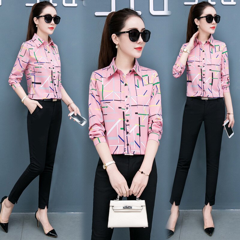 Women’s chiffon shirt top, pink geometric print, button-front, long sleeves, collared