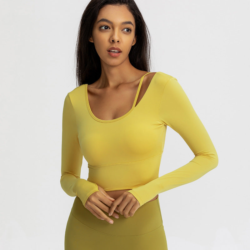 Yellow long-sleeve yoga top, scoop neck, cropped fit