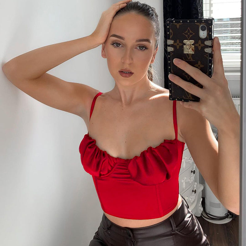Red U-neck chest strap crop top with gathered neckline and thin straps