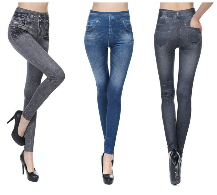 3-pack women’s jean leggings: grey, blue denim, and dark grey with slim legs