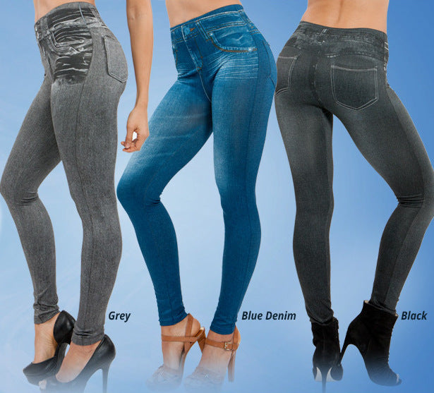 Women’s jean leggings in grey, blue denim, and black with back-pocket design