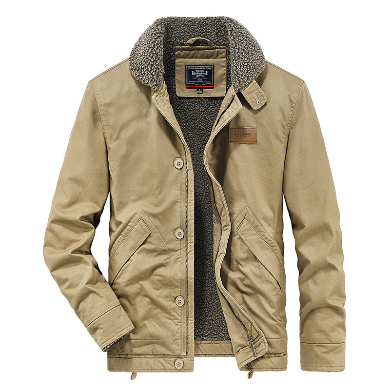 Men’s tan cotton jacket with lamb wool fleece lining, sherpa collar, and flap pockets