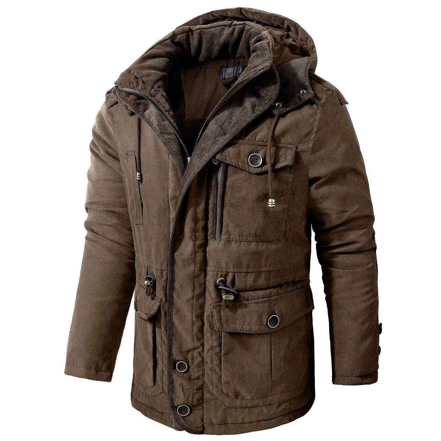 Brown hooded winter coat with fleece lining, mid-length parka, front flap and zip pockets.
