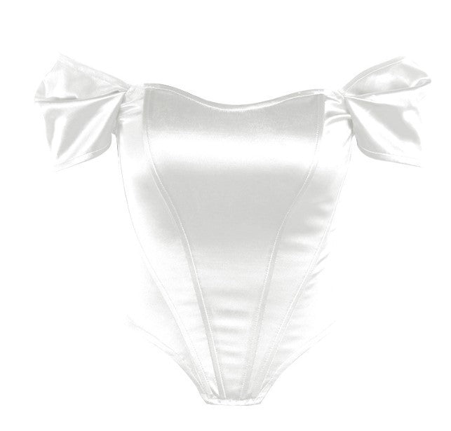 White corset tube top with off-shoulder puff sleeves and structured seams
