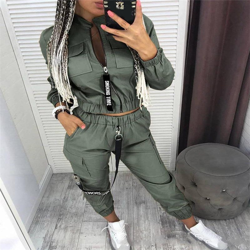 Olive green zip-up jumpsuit set with cargo pockets and elastic cuffs, long sleeves