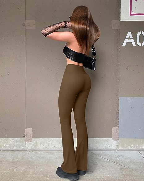 Women’s casual yoga pants, olive brown, wide-leg flared style