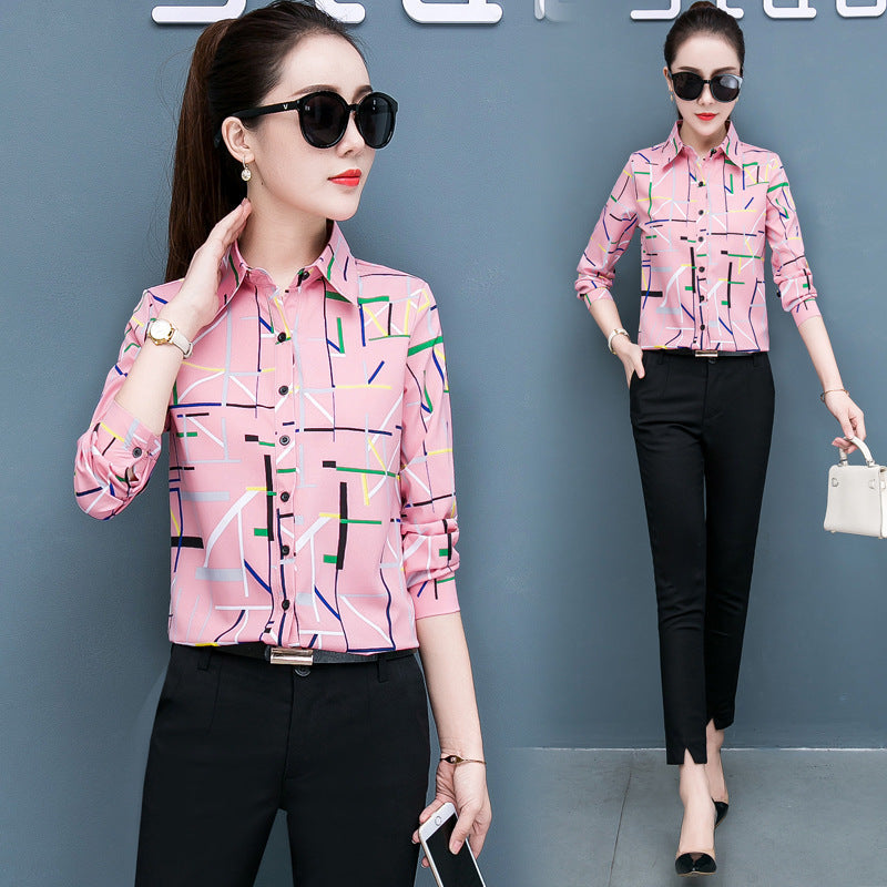 Pink geometric chiffon shirt top with button placket, turn-up collar, long sleeves