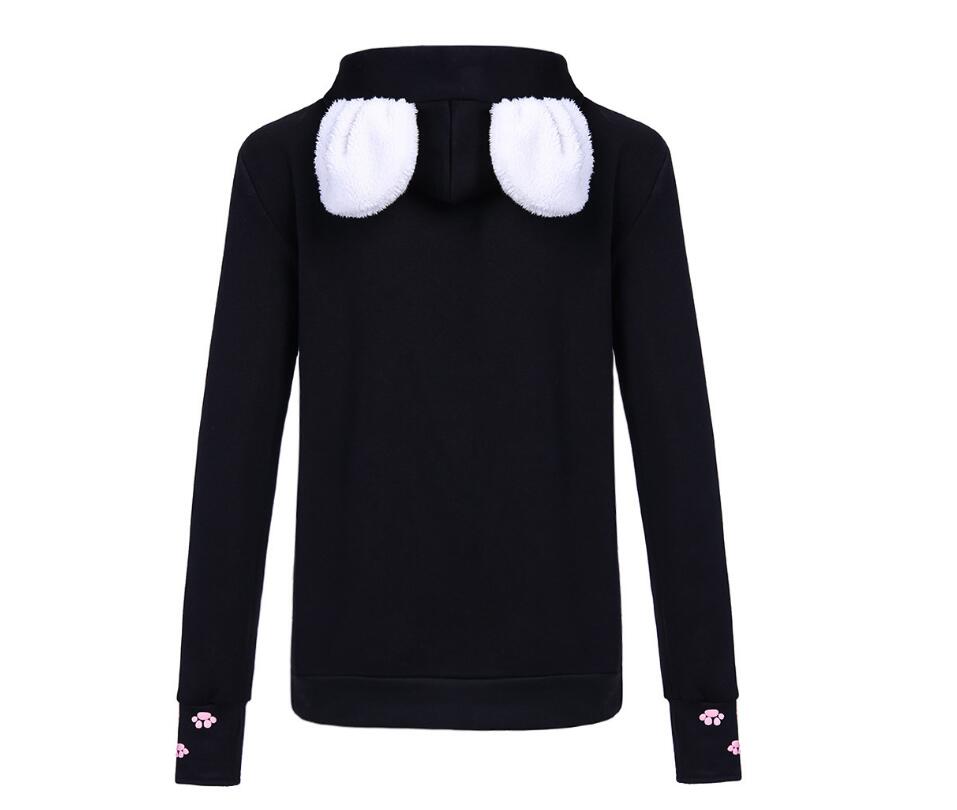 Women’s black cat hoodie with hood, white ear patches, front pocket