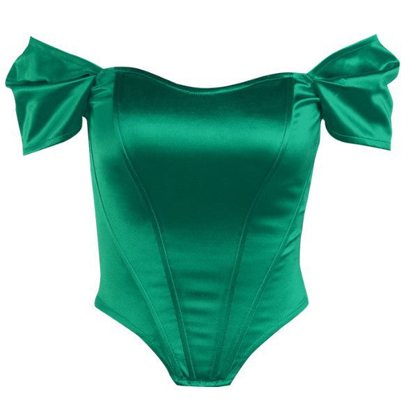 Green corset tube top with off-shoulder puff sleeves and fitted corset seams