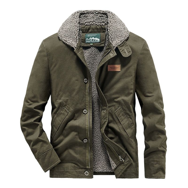 Men’s green cotton jacket with lamb wool fleece lining, sherpa collar, and button front