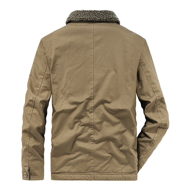 Men’s khaki cotton jacket, back view, with stand collar and buttoned hem side tabs