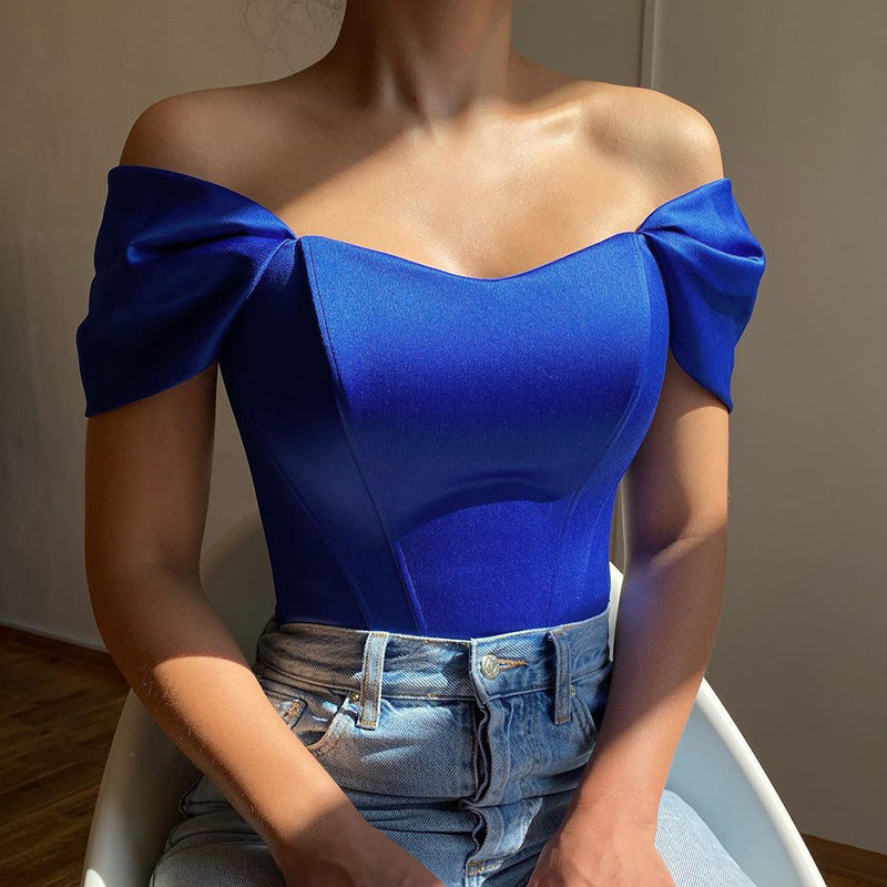 Blue corset tube top with off-shoulder puff sleeves and corset panel seams