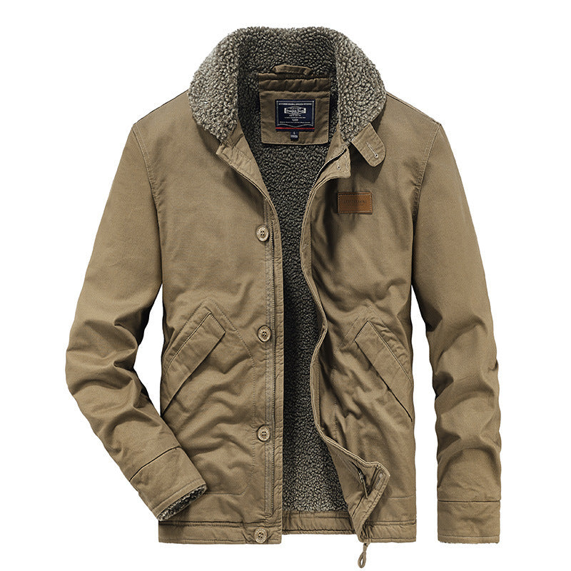 Men’s tan cotton jacket with lamb wool fleece lining, sherpa collar, and inner chest tag