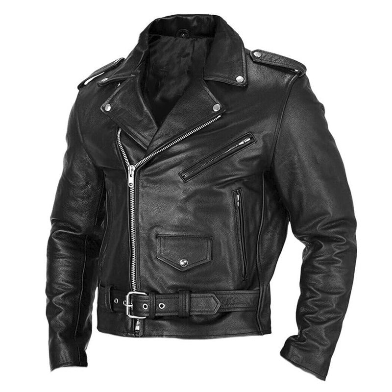 Men's black PU leather motorcycle jacket, standing collar and chest zip pockets.