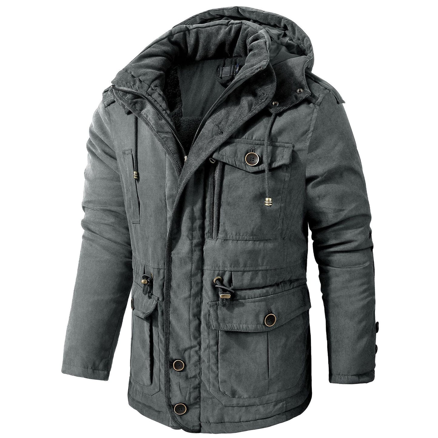 Gray hooded winter coat, fleece-lined interior, mid-length parka with multiple snap pockets.