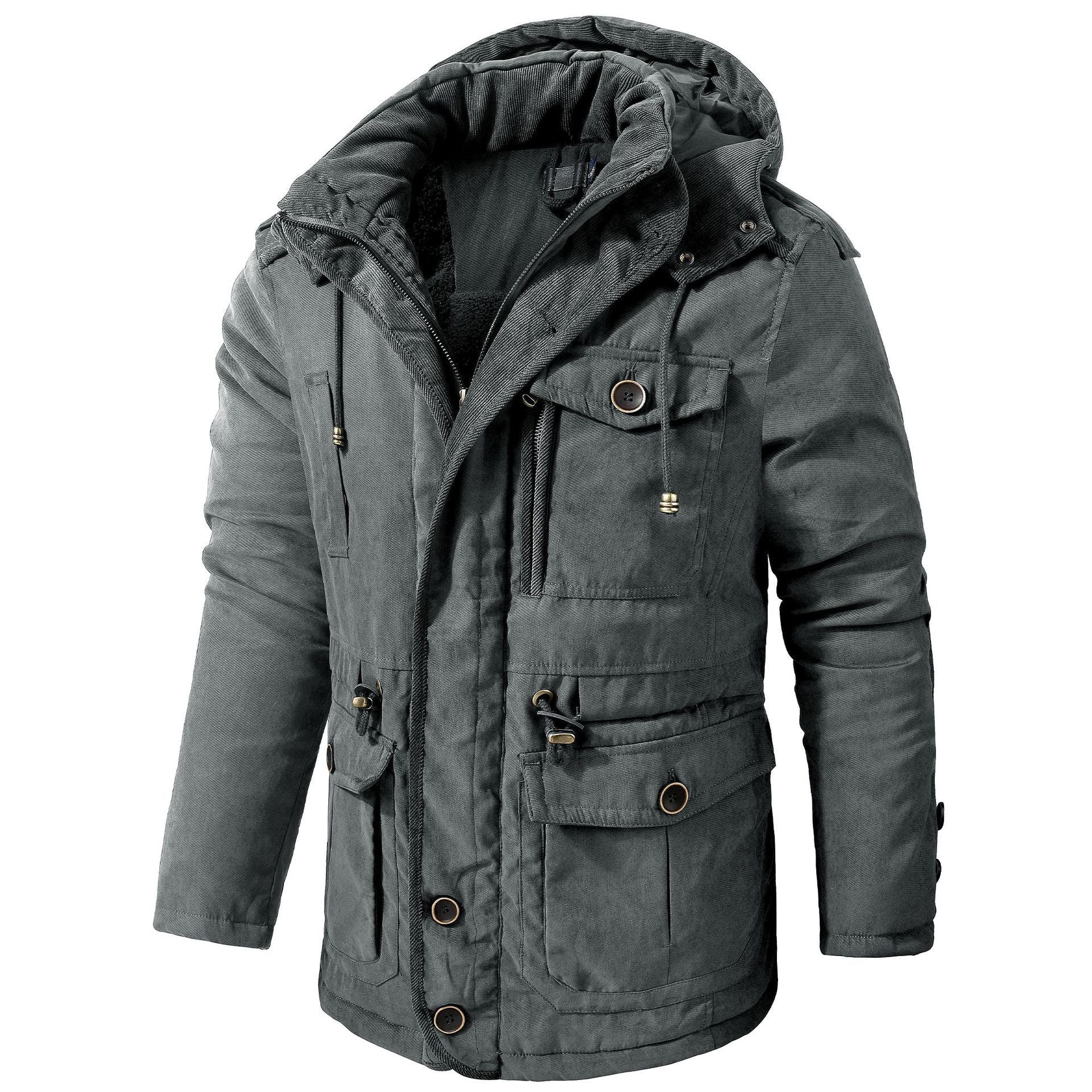 Gray hooded winter coat, fleece-lined interior, mid-length parka with multiple snap pockets.