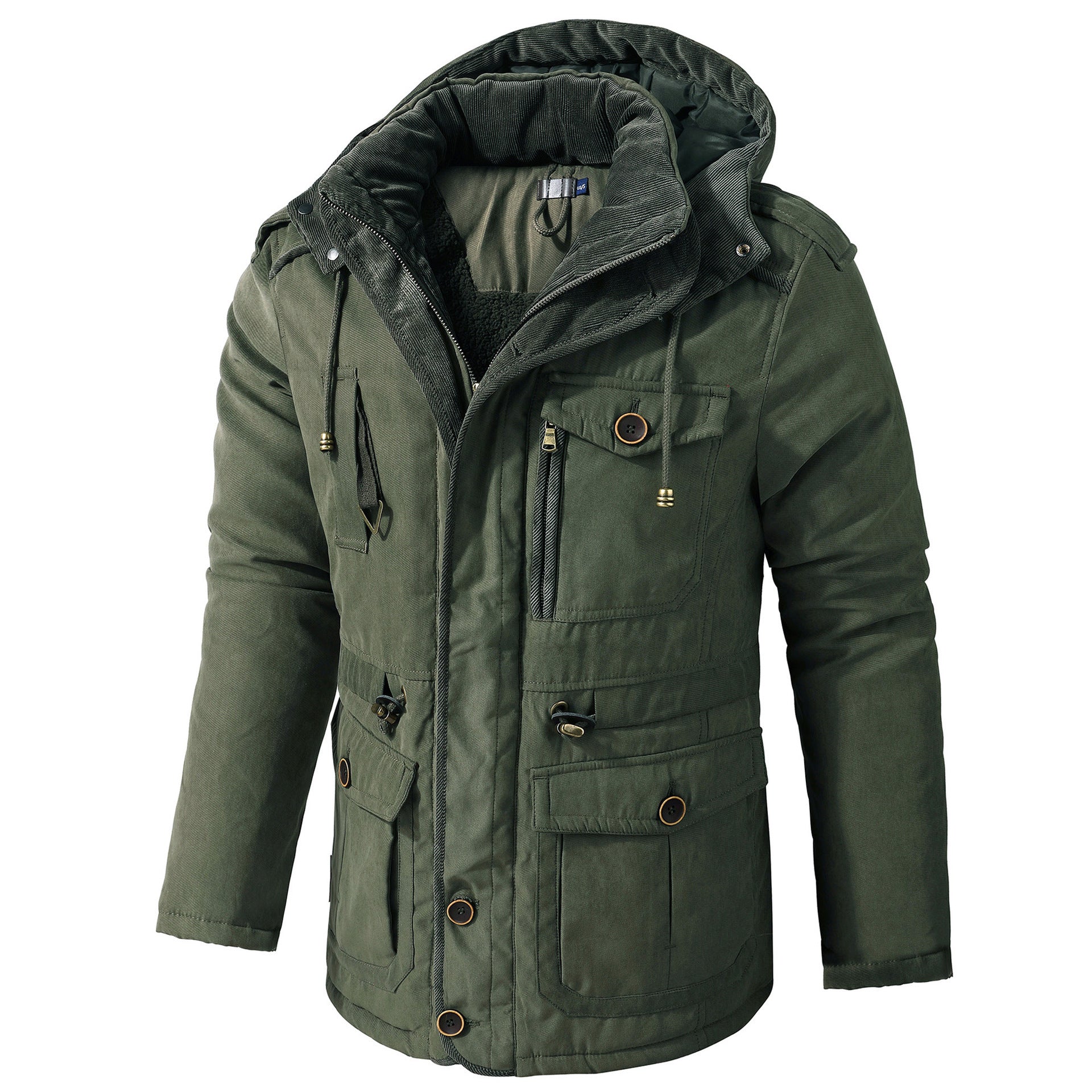 Dark green hooded winter coat, fleece-lined interior, mid-length, front flap pockets.