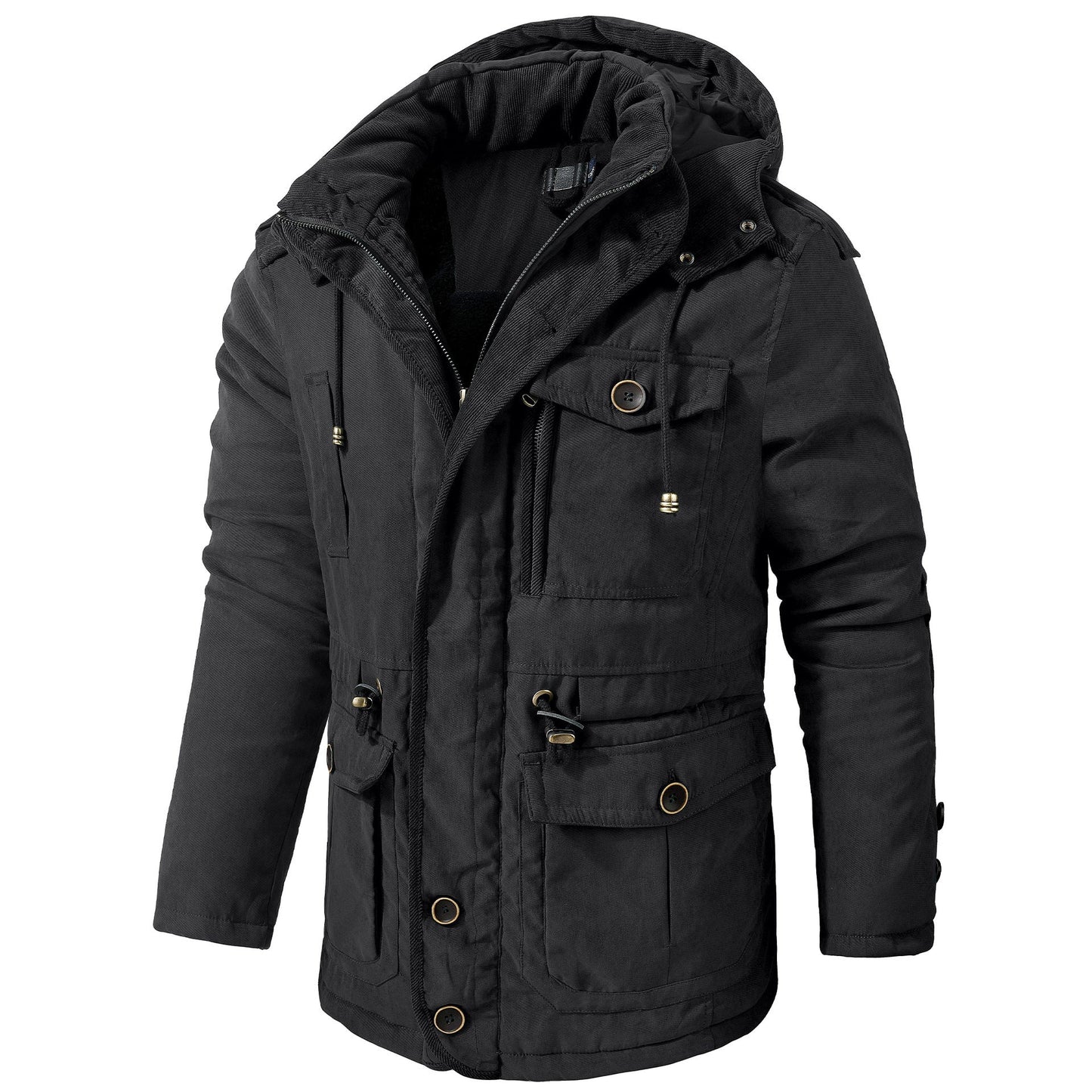 Black hooded winter coat with fleece lining, mid-length parka, front flap pockets.
