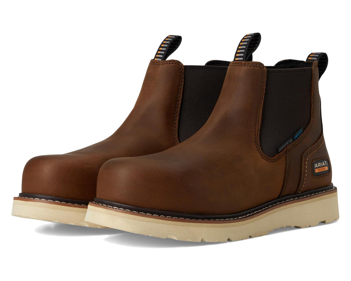 Men's Ariat Rebar Wedge Chelsea Waterproof Composite Toe Work Boots Distressed Brown - Eurostride