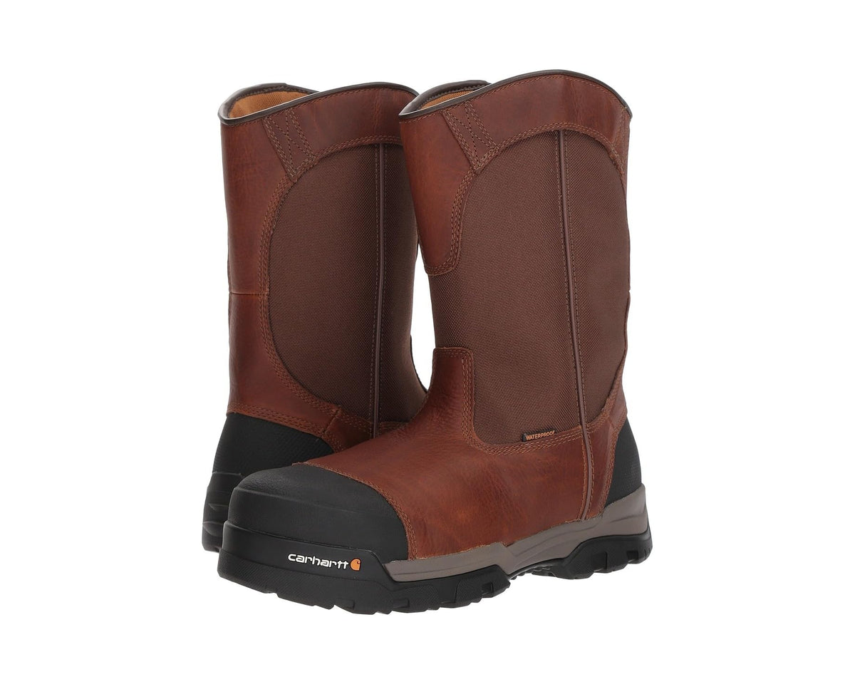 Men's Carhartt 10 Waterproof Comp Toe Pull-On Work Boots Brown Leather - Eurostride