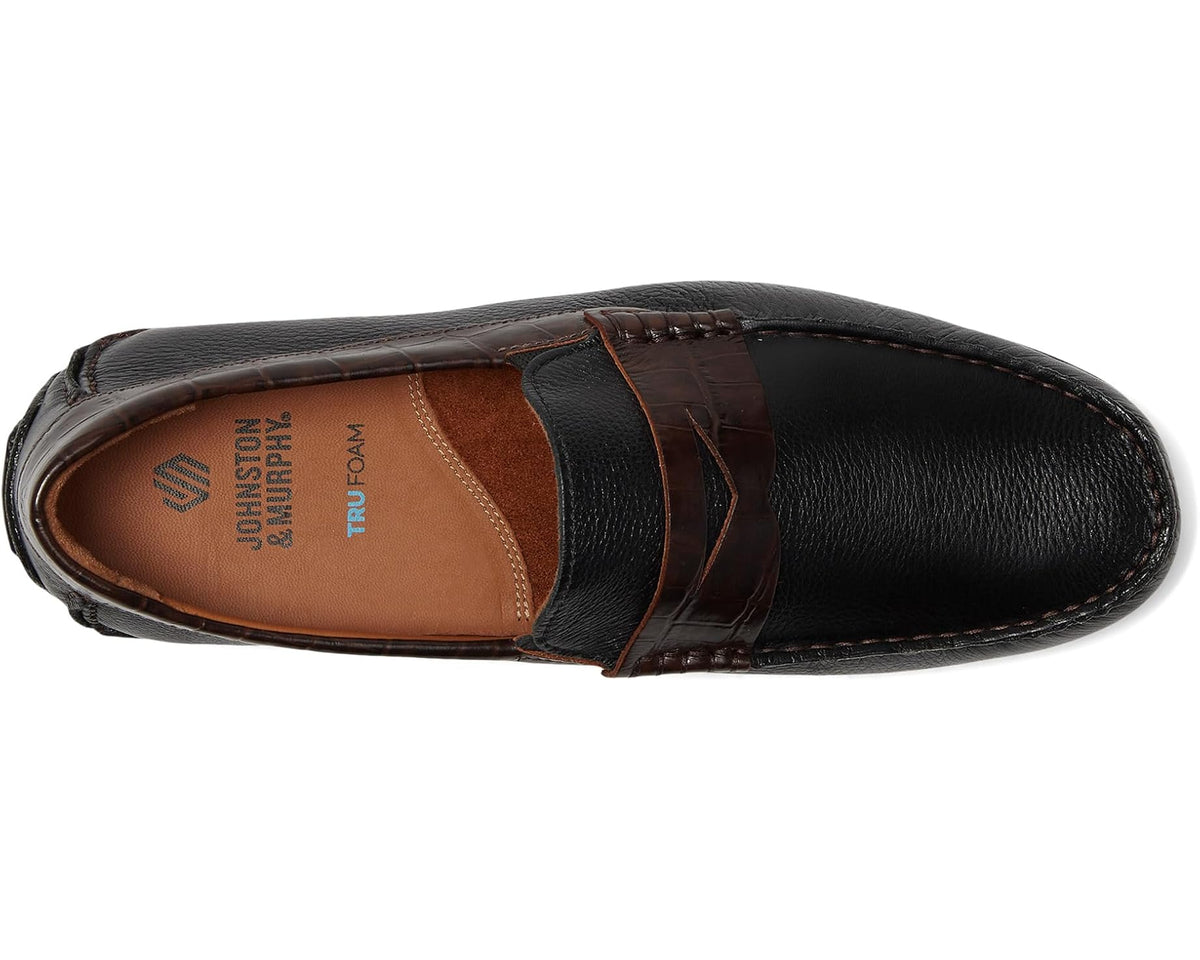 Men's Johnston & Murphy Cort 2.0 Penny Black Full Grain/Dark Brown Croc Embossed Full Grain - Eurostride